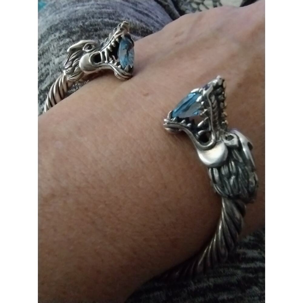 DS LP 18k Gold Sterling Silver Double Dragons Head Blue Topaz Cuff Bracelet NEW